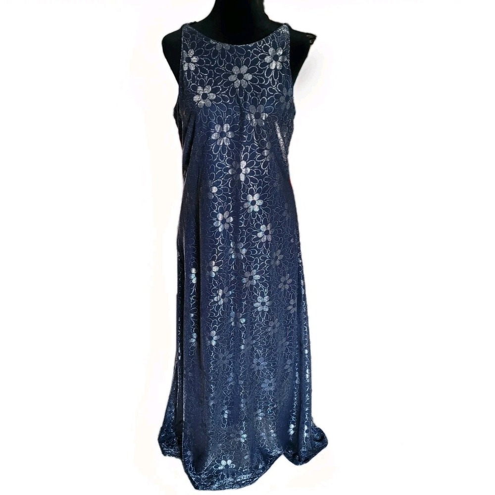 VTG Y2K‎ Blue Silver Floral Jacquard Maxi Dress Whimsigoth Fairy Core Formal 14